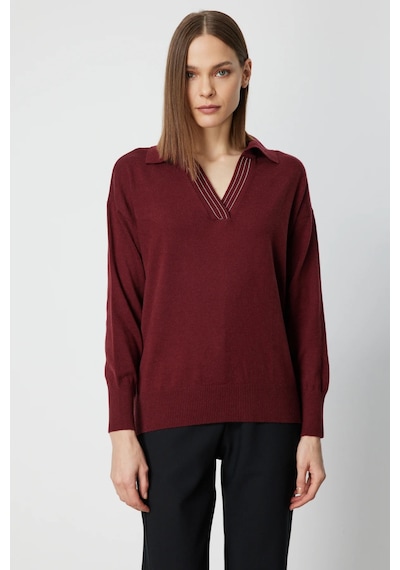 On Kadın Polo Yaka Zincir Detaylı Triko Kazak 66336 Bordo Bordo