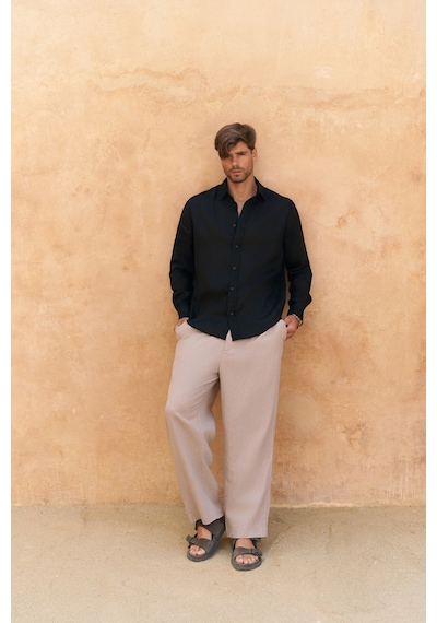 Mai Collection Mai Studios Co. Agnola Oversize Erkek Siyah Keten Gömlek Siyah