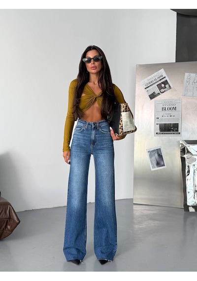 Yüksek Bel Wide-leg Jean Koyu Mavi
