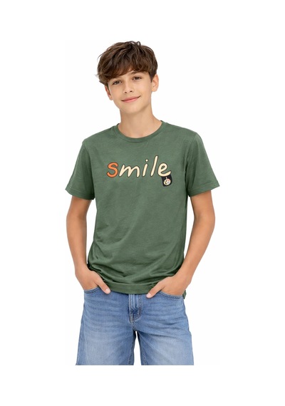 İrem Çocuk Giyim Erkek Çocuk Önü Smile Yazılı Sırtı Emoji Desenli Haki Renk Tişört Haki