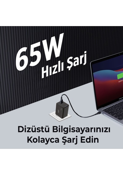 Bix BX1P65G GaN 65W Led Göstergeli Hızlı Şarj Cihazı Siyah