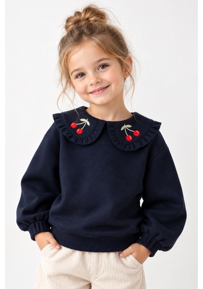 Fesshera Çocuk Sweatshirt Pamuklu 3 İp Şardonlu Lacivert