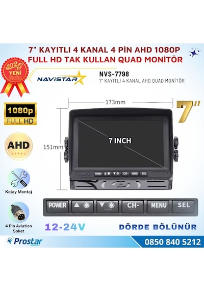 Kayıtlı 7 İnç 4 Kanal Full Hd Quad Ahd/analog 4 Pin Araç Monitörü 256 Gb Sd Kart Destekli 12-24v