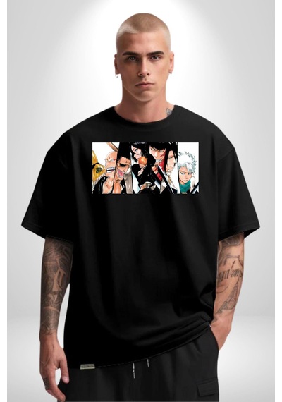 Bleach Anime Pamuklu Bisiklet Yaka Unisex Oversize Boyfriend Dijital Baskılı Siyah T-shirt Siyah