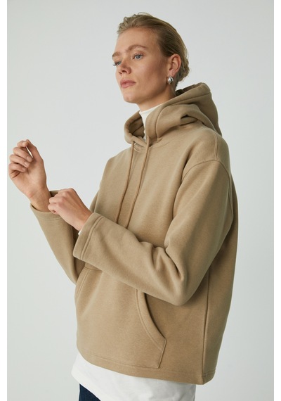 Ethıquet Pıper Kadın Içi Polarlı Yumuşacık Comfort Fit Kapüşonlu Kanguru Cepli Bej Sweatshirt