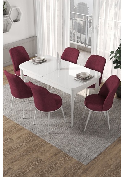 Canisa Concept Kor Serisi, 70x114 Açılabilir Beyaz Yemek Masası Takımı,6 Bordo Sandalye Masa Beyaz Sandalyeler Bordo
