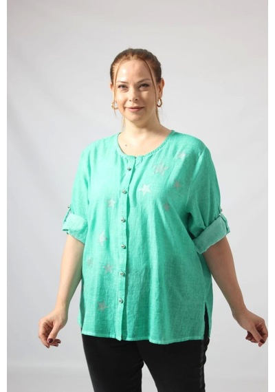 Moda Berray 3294 Yeşil Yıldız Baskılı Organik Keten Kumaş Mevsimlik Gömlek Yeşil