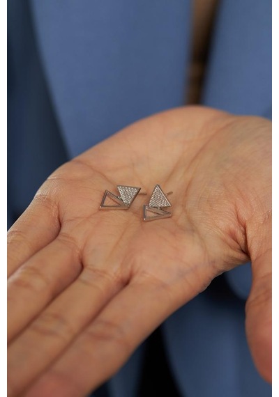 Roza Silver Zirkon Taşlı Rodyum Üçgen Çivili Gümüş Küpe