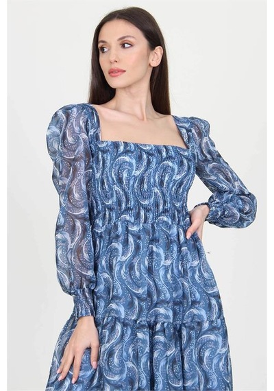 Neşeli Butik Kadın İndigo Desenli Kare Yaka Gipeli Şifon Elbise Nb10036 Indigo