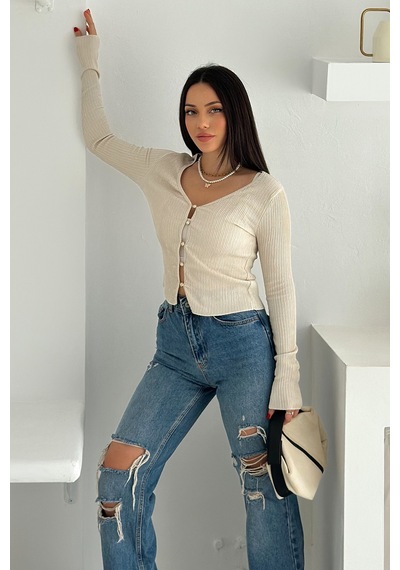 Noa & Noa Kadın Düğme Detaylı Fit Triko Bluz Zarif & Modern Stil Bej Noa & Noa Kadın Düğme Detaylı Fit Triko Bluz Zarif & Modern Stil Bej