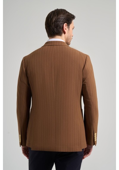 İmza Çizgili Desen Gofreli Mono Yaka Esnek 6 Drop Slim Fit Ceket 1002250122 Taba