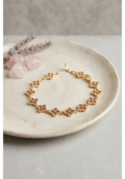 Gold Renk Pembe Zirkon Taşlı Yonca Model Kadın Bileklik - Lisinya