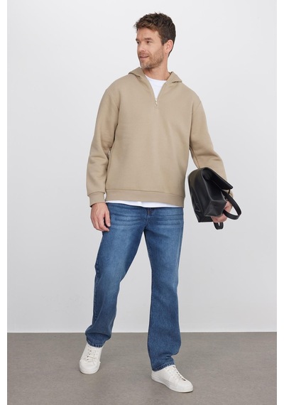 Tudors Unisex Relax Fit Rahat Kesim Pamuklu İçi Polarlı Yarım Fermuarlı Taş Renk Kapüşonlu Sweatshirt-37024 Gri