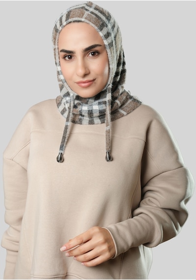 Hürrem Bone Vizon Bağcıklı Balaklava Boyunluklu Bere Jakar Ekoseli 2323 10 Vizon