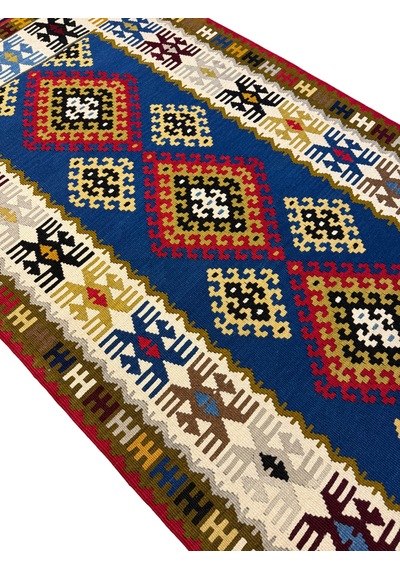 El Dokuma Sıfır Yahyalı Kilimi 110x200 Kök Boya Mavi Kahve %100 Yün Kilim Renkli