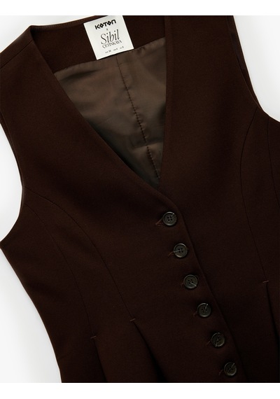 Koton Koton X Sibil Çetinkaya - Düğmeli V Yaka Peplum Blazer Yelek Kahverengi 6wak20027pw Kahve