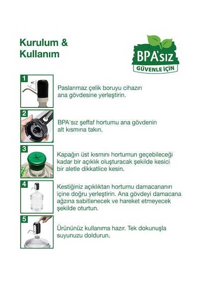 Bpa'sız Şarjlı Damacana Pompası Bpa'sız Boru 10l - 15l - 19l 1200 Mah Siyah