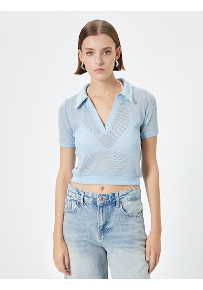 Koton Crop File Tişört Polo Yaka Kısa Kollu Mavi 4sak50489ek Mavi