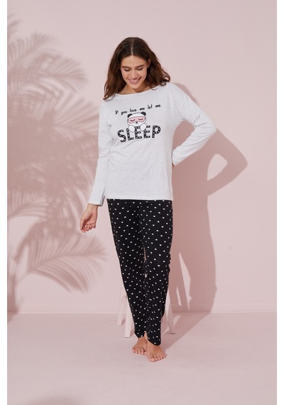 Siyah İnci Pamuklu Örme Pijama Takım 24241109 Gri