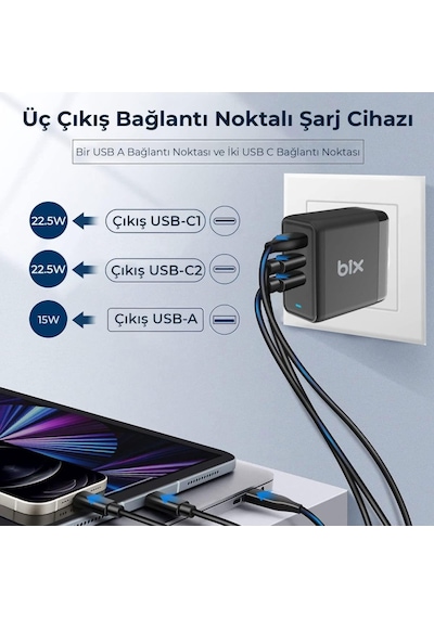 Bix BX3P65G Gan 65 W USB-A Type-C PD Hızlı Şarj Cihazı Beyaz