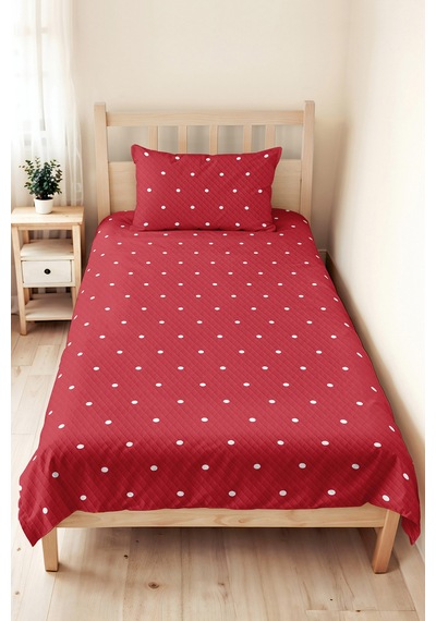 Puantiyeli Kırmızı Genç Odası Tek Kişilik Pike Takımı - Geometrik 160x220 Cm Kapitone Yatak Örtüsü Çok Renkli
