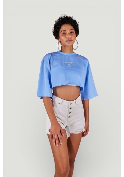 Holly Lolly Bisiklet Yaka Holly Crop Tshirt Mavi