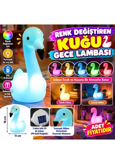 Dekoratif Işık Altında Renk Değiştiren Pilli Kuğu Gece Lambası Adet Fiyatıdır
