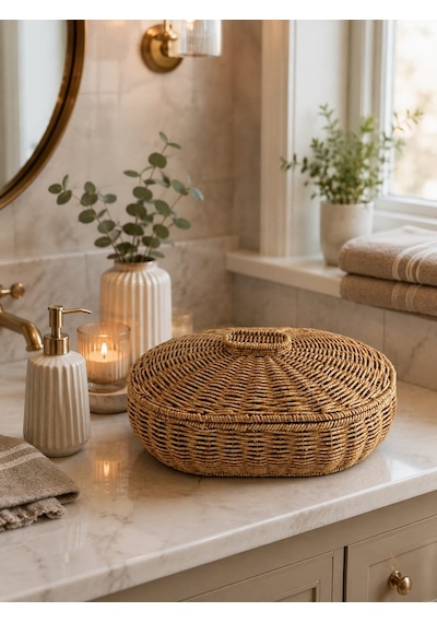 Morponi Kapaklı Oval Bambu Masaüstü Organizer - Banyo Ve Ev Düzenleyici Hasır Kutusu Cos-9217 Sarı