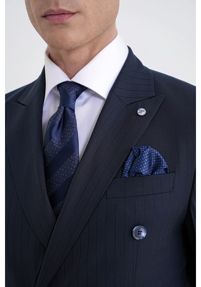 Efor Slim Fit Çift Yırtmaç Esnek Silik Çizgili Lacivert Kruvaze Takım Elbise Tk 946