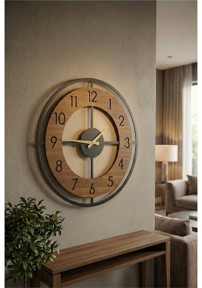 Aa Shop Desenli Sessiz Duvar Saati 50 CM Ahşap - Ceviz - Siyah Siyah Ceviz