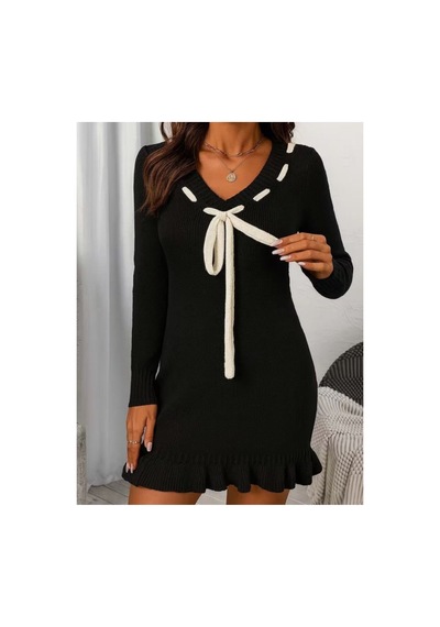 Butik İstanbul Kadın Uzun Kollu V Yakalı Yakadan Bagcıklı Kısa Triko Elbise Siyah