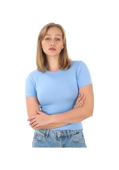 Crop Slim Fit Pamuk Likra Tişört-mavi Mavi