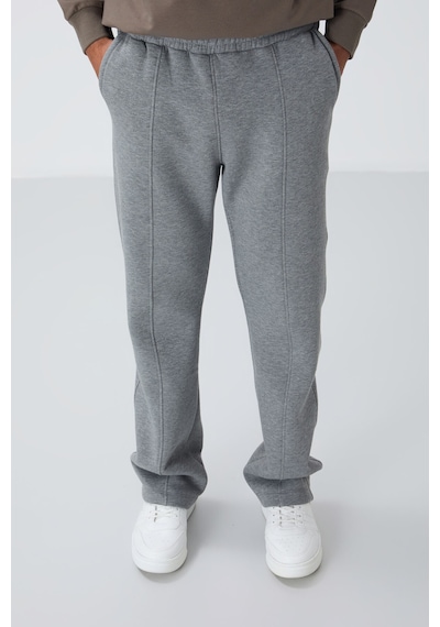 Tommy Life Gri Melanj Pamuklu Kalın İçi Tüylü Yumuşak Dokulu Oversize Nakışlı Erkek Eşofman Altı -82146 GB MELANJ