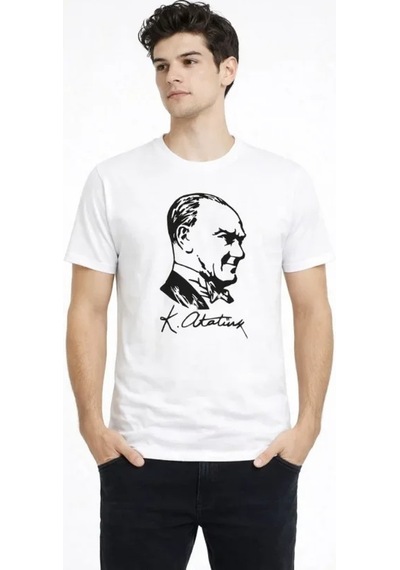 Hazego Erkek Atatürk Baskılı Tişört Kısa Kollu Bisiklet Yaka T-shirt - Beyaz