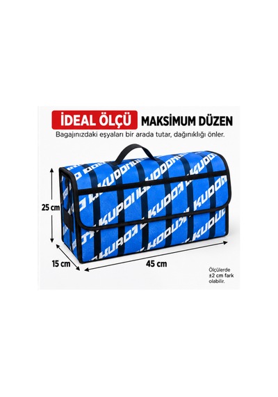 Kupon Oto Bagaj Düzenleyici Çanta 45x25x15 Cm Cırt Bantlı Sabitlemeli, Kapaklı Araç Bagaj Organizeri Mavi