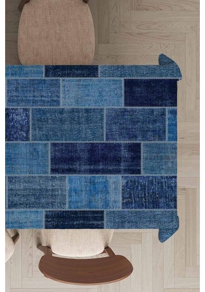 Mavi Patchwork Dokuma Leke Tutmaz Masa Örtüsü Mso297n11