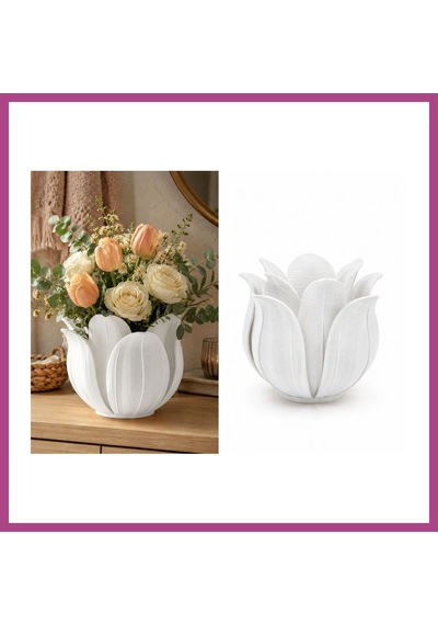 Gees Global 3d Baskı Lotus Yapraklı Vazo - Dekoratif Çiçeklik-beyaz Gbzs