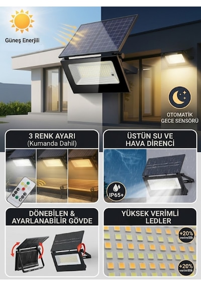 60 Watt Solar Led Projektör - Güneş Enerjili Solar Bahçe Lambası İp67