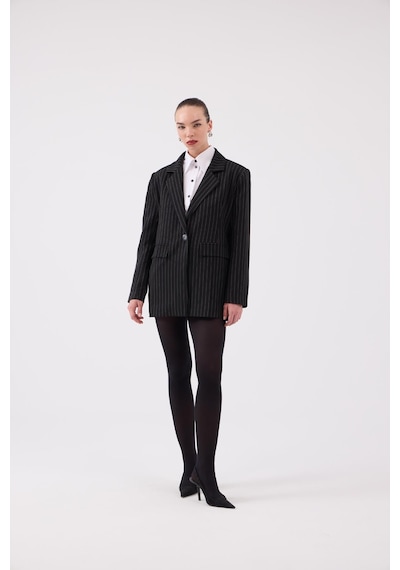 Holly Lolly Oversize Kesim Çizgili Strip Blazer Ceket Siyah