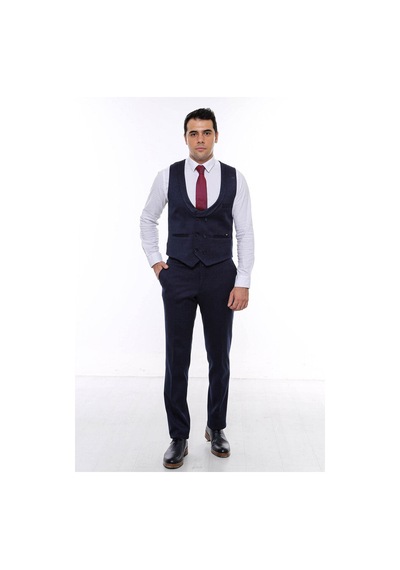 Desenli Kruvaze Koyu Lacivert Erkek Yelek Pantolon Set - Wessi