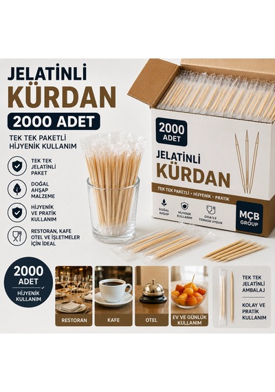 2000 Adet Jelatinli Kürdan Tek Tek Paketli Hijyenik Ahşap Kürdan Restoran Kafe Otel İşletme
