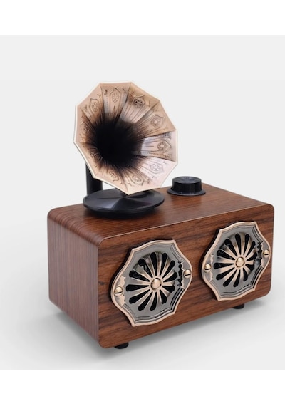 Gerçek Ahşap Gramofon Görünümlü Bluetooth Hoparlör & Nostaljik Radyo