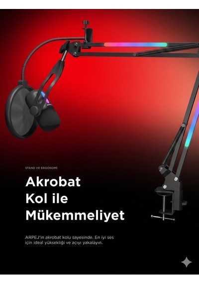 Arpej Rgb Masa Standlı Ses Göstergeli Dokunmatik Oyuncu Mikrofonu Yayıncı Mikrofonu Gaming Beyaz Siyah - ÜRün siyah