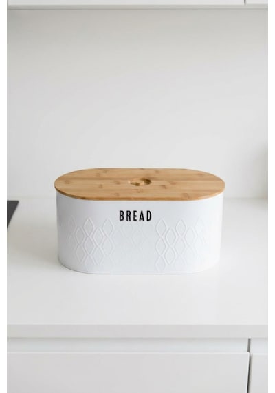 Makri Home Ekmeklik, Metal Ekmek Kutusu, Bambu Kapaklı Beyaz Ekmek Sepeti, 34 X 19 X 16 Cm Beyaz