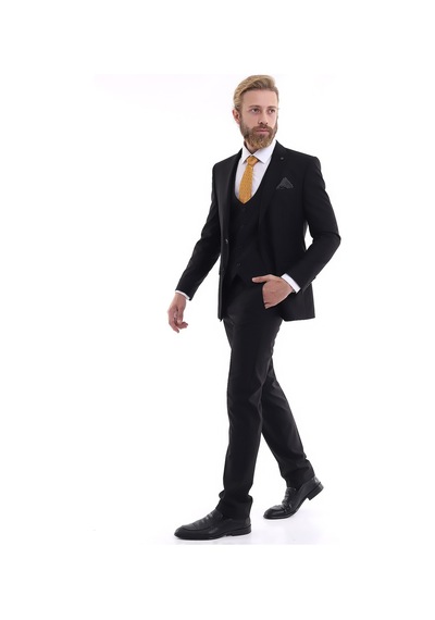 Presto Erkek Yelekli Slimfit Takım Elbise 6 Drop Siyah 581-001 Siyah