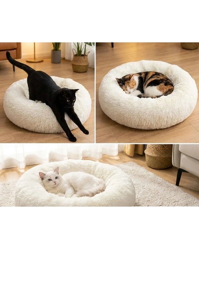 Yuvarlak Ultra Yumuşak Welsoft Peluş Kedi Ve Köpek Yatağı Kaymaz Taban Tüylü Pet Pufu,uyku Minderi Krem 5580