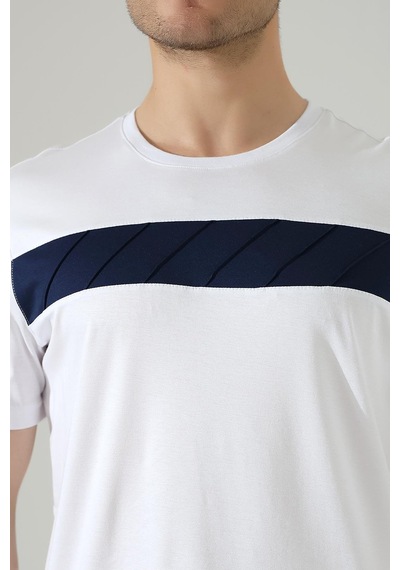 Erkek İki Renk Parçalı Bisiklet Yaka T-shirt - Pamuklu Tişört Beyaz