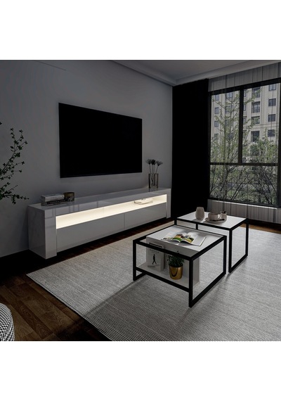 Batı Led Işıklı Tv Sehpası Ve Modern İkili Orta Sehpa Set Beyaz