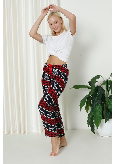 Farya Home Luxury Soft Welsoft Polar Desenli Kurdeleli Kışlık Pijama Altı Pantolon Lacivert Kırmızı Lacivert - Kırmızı