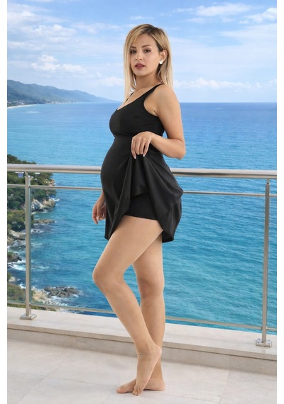 Seaqueen Hamile Kadın Bitişik Şortlu Tek Parça Likralı Esnek Kumaş Göğüs Pedli Mayo Siyah